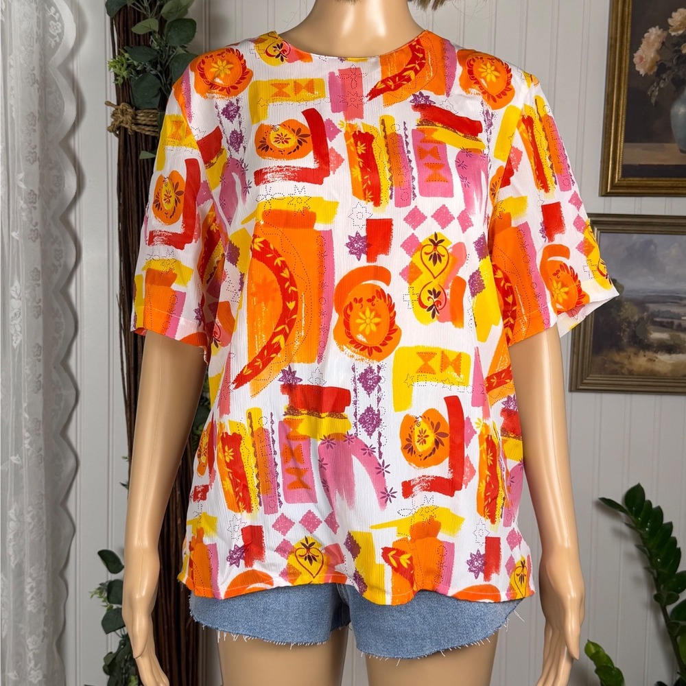 Vintage Christie & Jill Blouse Women Large Multicolor Excellent Vintage Abstract